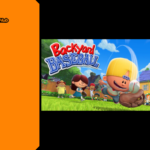 Promotional banner for Backyard Baseball by GameLaunchHub, featuring a vibrant, 3D animated scene of iconic kid athletes like Pablo Sanchez playing a game in a sunny, suburban backyard.