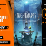 Game Launch Hub review card template showing a 7.8 out of 10 "Good" rating for Little Nightmares II Enhanced Edition, featuring key art of Mono wearing his paper bag mask standing alongside Six in front of a looming, shadowy tower under the title logo, accompanied by platform availability icons for Steam, PC, and consoles.