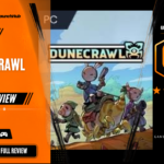 Game Launch Hub review card template showing a 6.8 out of 10 "Decent" rating for DuneCrawl, featuring key art of masked heroes riding a small yellow crab crawler across a desert landscape alongside platform availability icons for Steam, PC, and consoles.