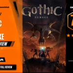 Game Launch Hub review card template showing a 7.0 out of 10 "Good" rating for Gothic 1 Remake, featuring key art of a central demonic creature emblem above the party of adventurers alongside platform availability icons for Steam, PC, and consoles.