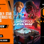 Game Launch Hub review card template showing a 6.8 out of 10 "Decent" rating for Monopoly: Star Wars Heroes vs. Villains, featuring key art of Luke Skywalker, Darth Vader, and the digital 3D game board beneath the title logo alongside platform availability icons for Steam, PC, and consoles.