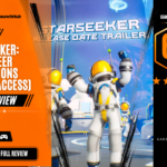Game Launch Hub review card template showing a 6.5 out of 10 "Decent" rating for Starseeker: Astroneer Expeditions (Early Access), featuring artwork of celebratory astronauts in white and yellow space suits alongside platform availability icons for Steam, PC, and consoles.