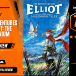 Game Launch Hub review card template showing a 7.8 out of 10 "Good" rating for The Adventures of Elliot: The Millennium Tales, featuring key art of the protagonist Elliot with his sword and fairy companion Faie beneath the title logo alongside platform availability icons for Steam, PC, and consoles.
