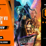 Game Launch Hub review card template showing an 8.8 out of 10 "Great" rating for Final Fantasy VII Rebirth, featuring key art of Cloud Strife, Aerith Gainsborough, Tifa Lockhart, Sephiroth, and Zack Fair beneath the title logo alongside platform availability icons for Steam, PC, and consoles.