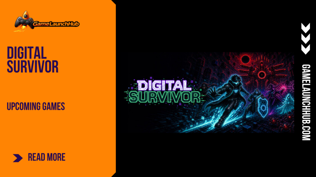 Promotional banner for the article "Digital Survivor Release Date 2026" by GameLaunchHub, featuring the cyberpunk-styled game logo and character artwork against a dark network background with a solid orange sidebar on the left.
