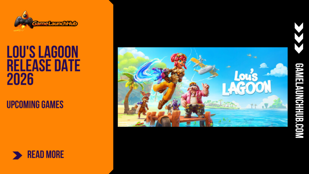Promotional banner for the cozy seaplane adventure Lou's Lagoon by GameLaunchHub, featuring the game's logo, the protagonist using the Swirler 2000, and colorful characters on a tropical dock.
