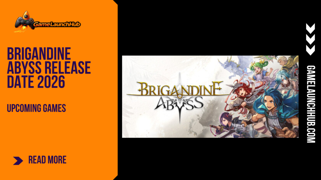 Promotional banner for the strategy RPG Brigandine Abyss by GameLaunchHub, featuring the game's logo and an ensemble key art of commanders and monsters.