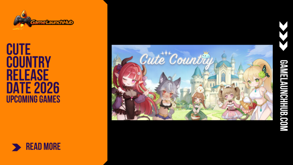Promotional banner for the article "Cute Country Release Date 2026" by GameLaunchHub, featuring anime-style fantasy characters and a royal castle against a solid orange sidebar on the left.