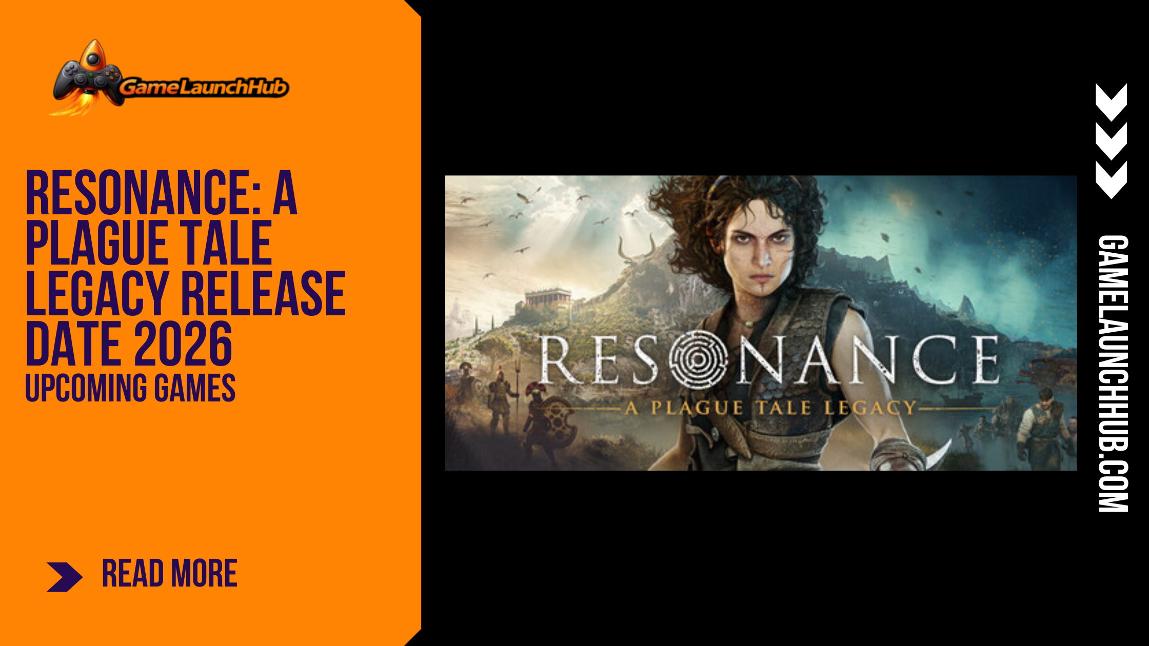 Promotional banner for the action-adventure game Resonance: A Plague Tale Legacy by GameLaunchHub, featuring the title logo and key art of protagonist Sophia in front of a Mediterranean landscape and the Minotaur's island.