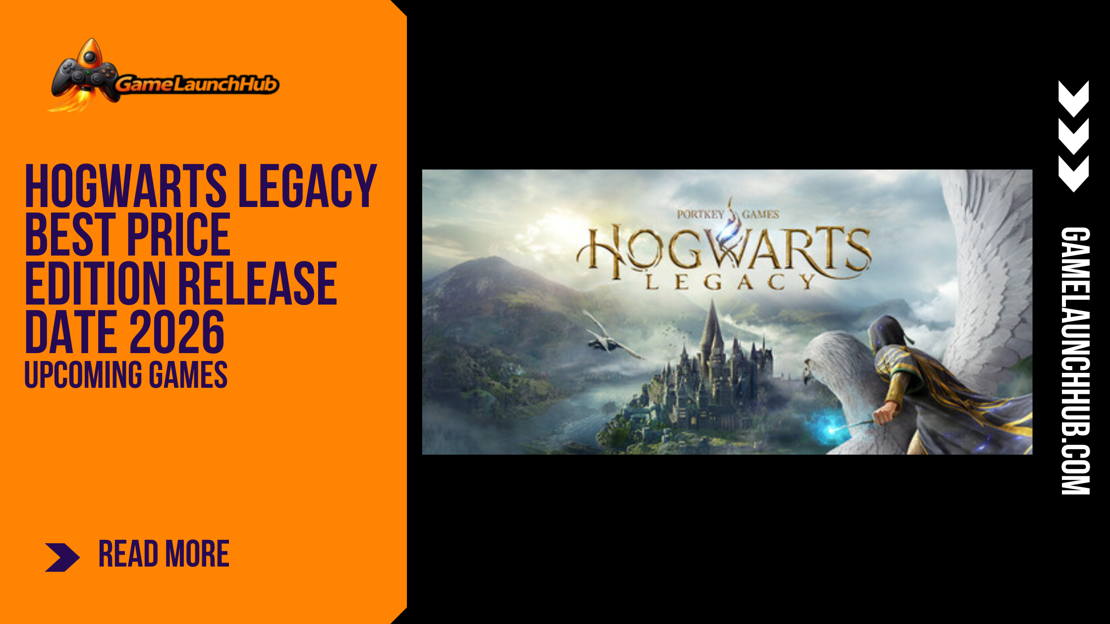 Promotional banner for the budget re-release Hogwarts Legacy Best Price Edition by GameLaunchHub, featuring the official game logo and key art of a student flying alongside a hippogriff overlooking Hogwarts Castle.