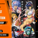 Game Launch Hub review card template showing a 5.5 out of 10 "Mixed" rating for the Earnest Evans Collection, featuring the collection's 90s anime-style key art of protagonists Annet and Earnest, accompanied by platform availability icons for Steam, PC, and consoles.