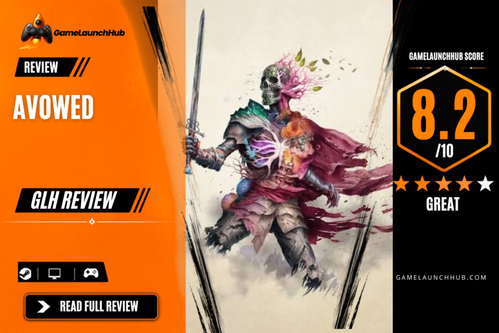 Game Launch Hub review card template showing an 8.2 out of 10 "Great" rating for Avowed, featuring key artwork of a skull-headed warrior clad in vibrant organic flora and wielding a broadsword against a plain backdrop, accompanied by platform availability icons for Steam, PC, and consoles.