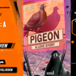 Game Launch Hub review card template showing a 7.2 out of 10 "Good" rating for Pigeon: A Love Story, featuring artwork of a pigeon looking out over a city map alongside a prominent game title banner, accompanied by platform availability icons for Steam, PC, and consoles.