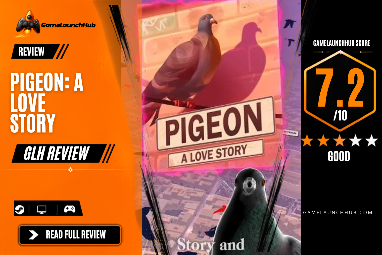 Game Launch Hub review card template showing a 7.2 out of 10 "Good" rating for Pigeon: A Love Story, featuring artwork of a pigeon looking out over a city map alongside a prominent game title banner, accompanied by platform availability icons for Steam, PC, and consoles.