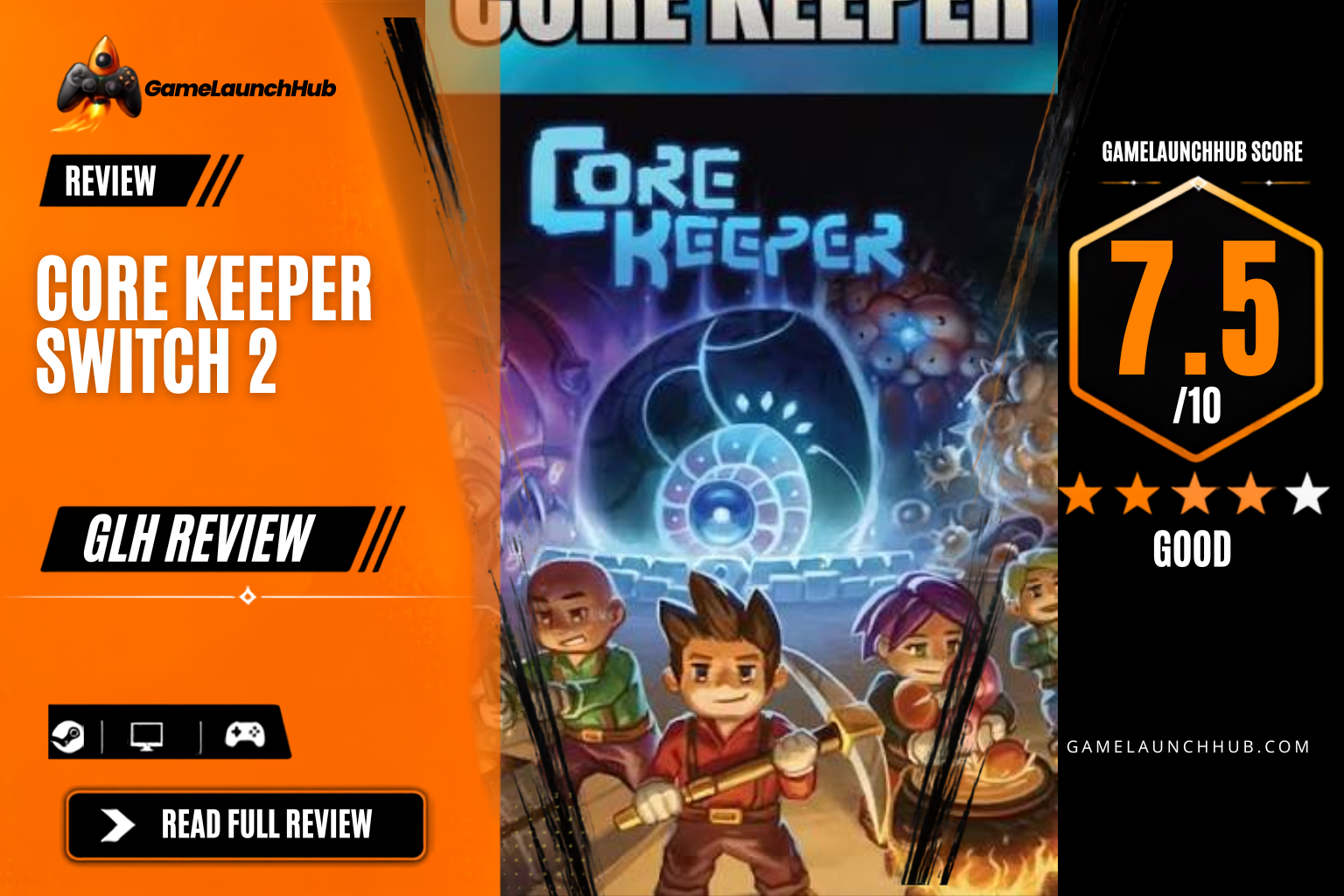 Game Launch Hub review card template showing a 7.5 out of 10 "Good" rating for Core Keeper – Nintendo Switch 2 Edition, featuring promotional artwork of explorers with picks and weapons beneath a glowing ancient Core relic, alongside platform availability icons for Steam, PC, and consoles.