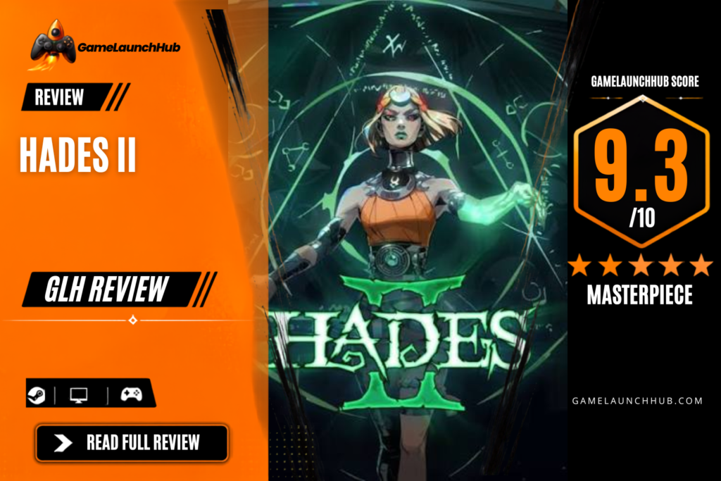 Game Launch Hub review card template showing a 9.3 out of 10 "Masterpiece" rating for Hades II, featuring promotional key art of the protagonist Melinoë surrounded by a glowing green magical circle alongside platform availability icons for Steam, PC, and consoles.