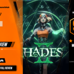 Game Launch Hub review card template showing a 9.3 out of 10 "Masterpiece" rating for Hades II, featuring promotional key art of the protagonist Melinoë surrounded by a glowing green magical circle alongside platform availability icons for Steam, PC, and consoles.