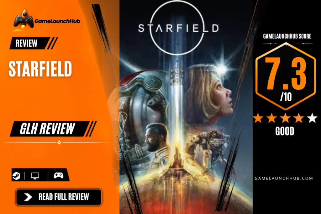 Game Launch Hub review card template showing a 7.3 out of 10 "Good" rating for Starfield, featuring promotional key art of explorers, a spacesuit helmet, and a rocket launch against a starry cosmic background, accompanied by platform availability icons for Steam, PC, and consoles.