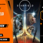 Game Launch Hub review card template showing a 7.3 out of 10 "Good" rating for Starfield, featuring promotional key art of explorers, a spacesuit helmet, and a rocket launch against a starry cosmic background, accompanied by platform availability icons for Steam, PC, and consoles.