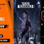 Game Launch Hub review card template showing a 4.5 out of 10 "Skip It" rating for Tokyo Scramble, featuring key art of a female protagonist in a post-apocalyptic urban setting, accompanied by platform availability icons for Steam, PC, and consoles.