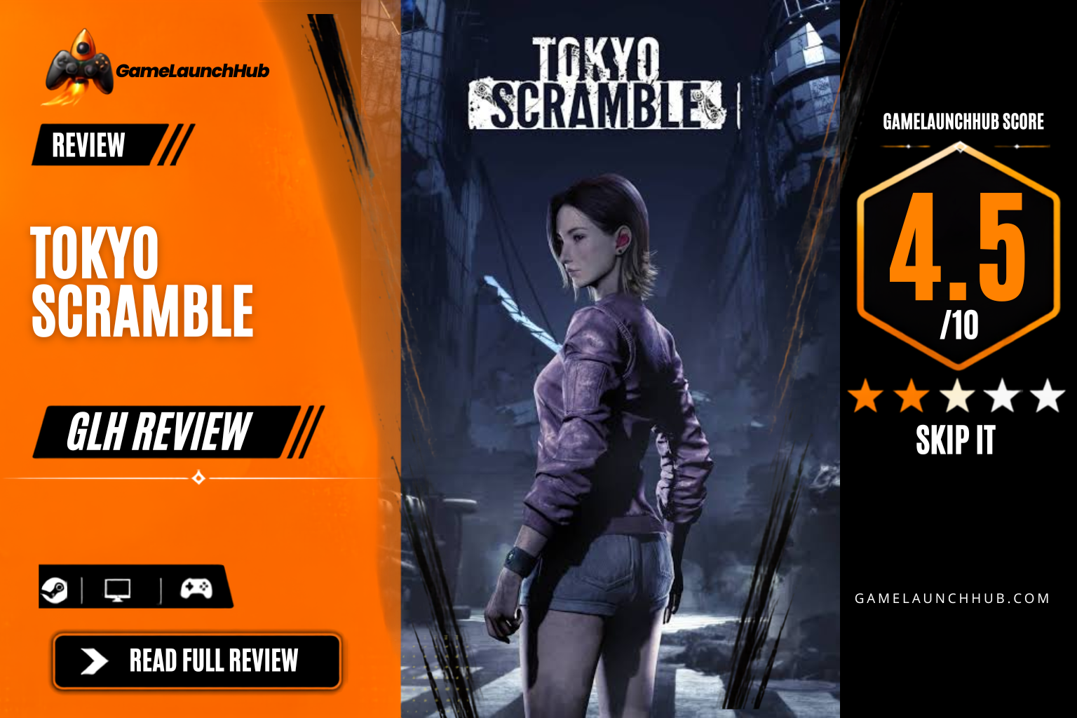 Game Launch Hub review card template showing a 4.5 out of 10 "Skip It" rating for Tokyo Scramble, featuring key art of a female protagonist in a post-apocalyptic urban setting, accompanied by platform availability icons for Steam, PC, and consoles.