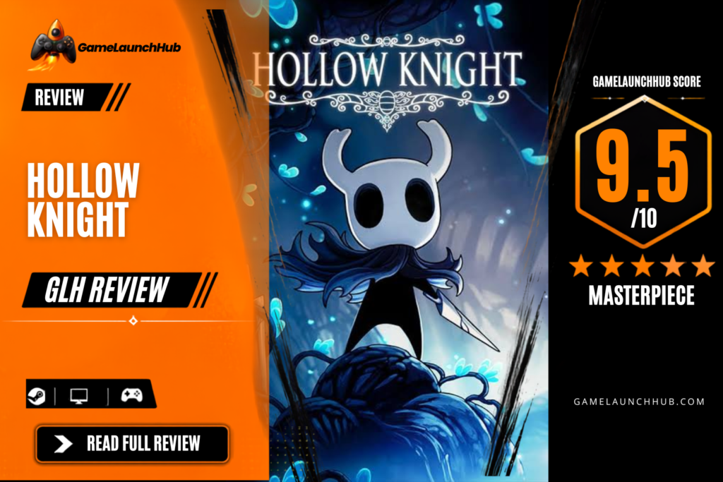 Game Launch Hub review card template showing a 9.5 out of 10 "Masterpiece" rating for Hollow Knight, featuring the iconic key art of the Knight standing in a blue-lit cavern, accompanied by platform availability icons for Steam, PC, and consoles.
