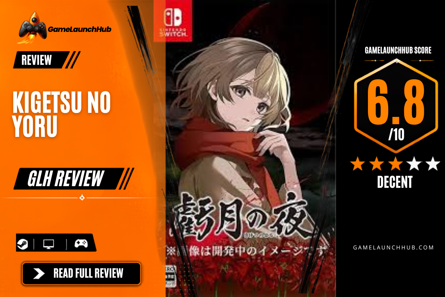 Game Launch Hub review card template showing a 6.8 out of 10 "Decent" rating for Kigetsu no Yoru, featuring the game's atmospheric promotional art of the protagonist set against a backdrop of red spider lilies, accompanied by platform availability icons for Steam, PC, and consoles.