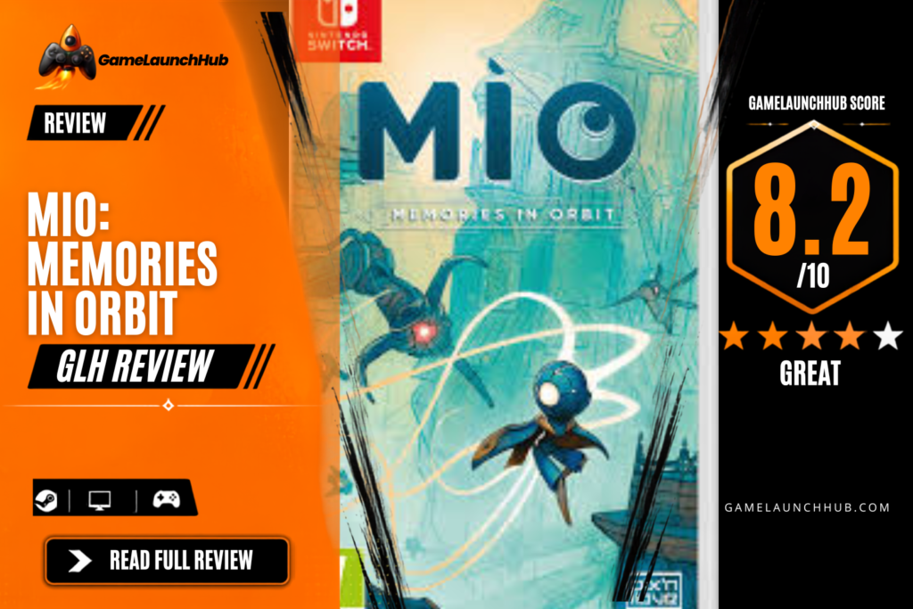 Game Launch Hub review card template showing an 8.2 out of 10 "Great" rating for Mio: Memories in Orbit, featuring official cover art displaying the small android MIO mid-air against a teal hand-drawn background, accompanied by platform availability icons for Steam, PC, and consoles.