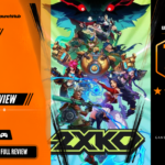 Game Launch Hub review card template showing a 7.7 out of 10 "Good" rating for 2XKO, featuring the game's official key art with League of Legends champions like Ekko, Ahri, and Jinx, accompanied by platform availability icons for Steam, PC, and consoles.