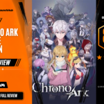 Game Launch Hub review card template showing an 8.5 out of 10 "Great" rating for Chrono Ark Deluxe Edition, featuring the game's official key art of protagonist Lucy surrounded by her party of Investigators, accompanied by platform availability icons for Steam, PC, and consoles.