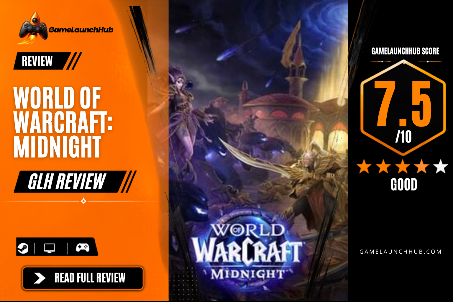Game Launch Hub review card template showing a 7.5 out of 10 "Good" rating for World of Warcraft: Midnight, featuring key art of elven characters standing before a dark, magical cityscape under the expansion title logo, accompanied by platform availability icons for PC and Mac.