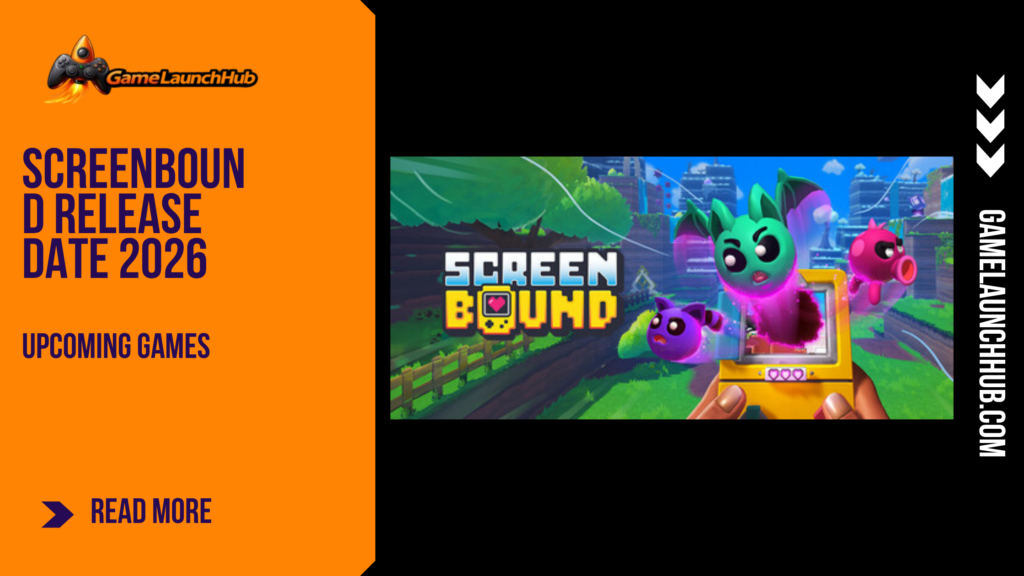 Promotional banner for the article "Screenbound Release Date 2026" by GameLaunchHub, featuring a player holding the yellow Qboy console with a 2D creature jumping out alongside the game's title and a solid orange sidebar on the left.
