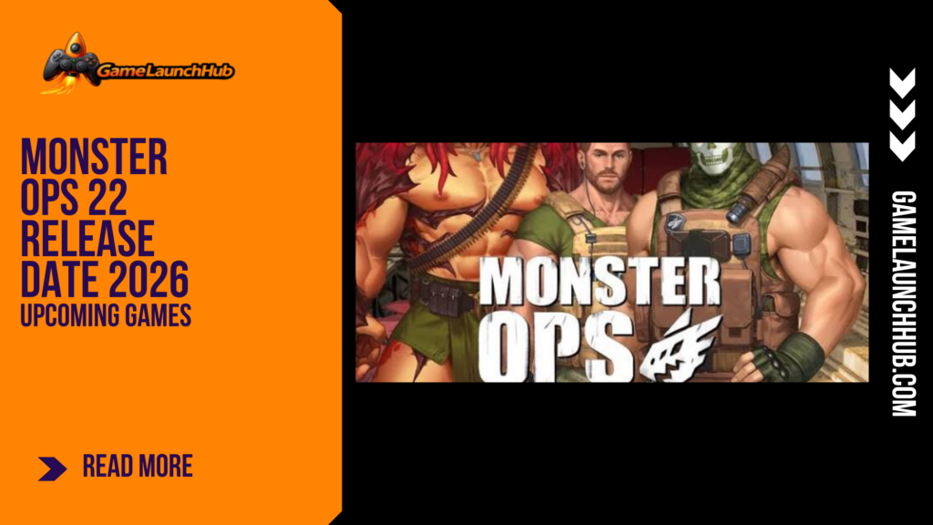 Promotional banner for the article "Monster Ops 22 Release Date 2026" by GameLaunchHub, featuring muscular military characters and the game's title against a solid orange sidebar on the left.