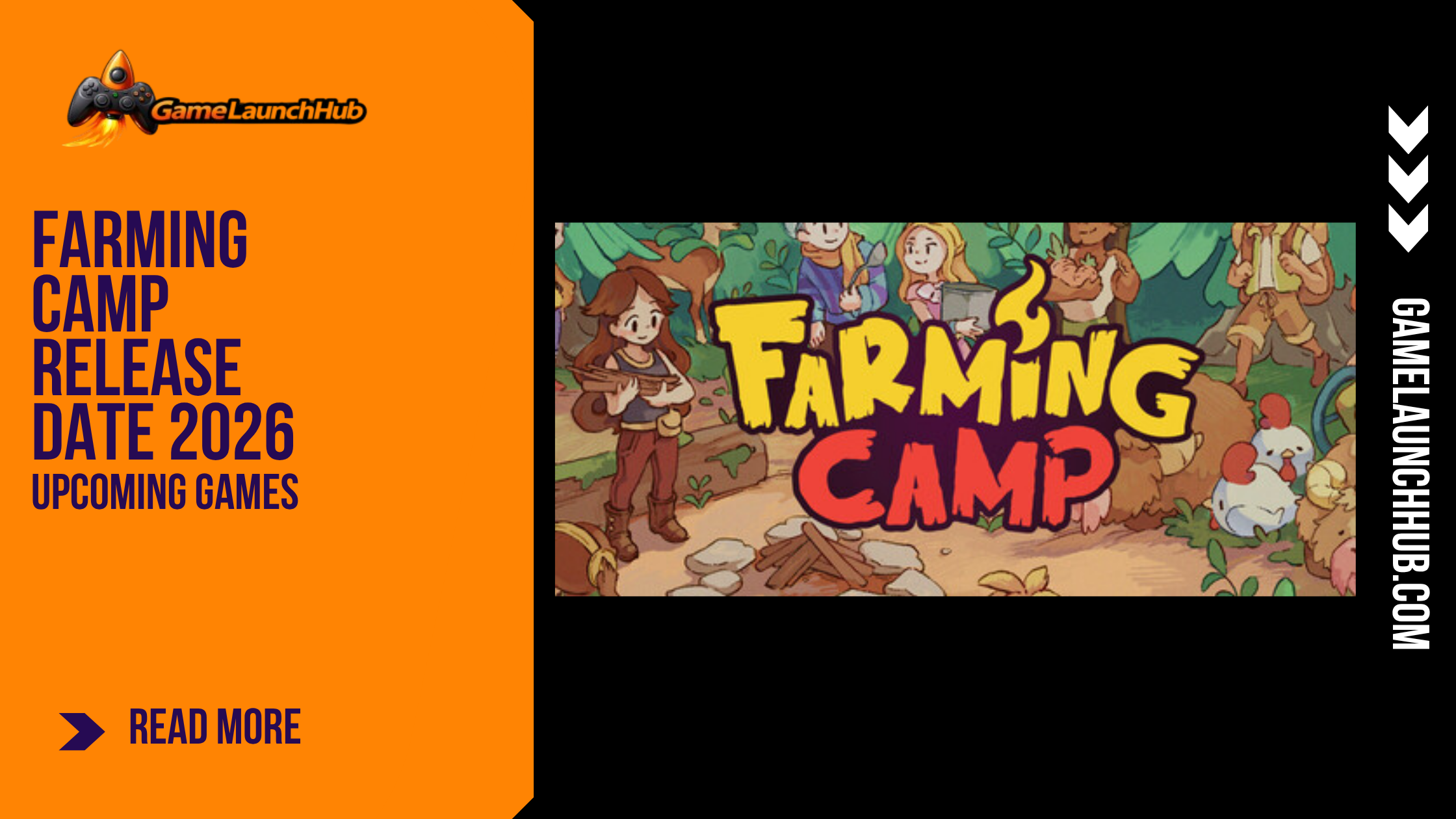 Promotional banner for the article "Farming Camp Release Date 2026: A Cozy Farm Sim With a Competitive Twist" by GameLaunchHub, featuring the game's logo, the protagonist Alessandra holding harvested crops, and a solid orange sidebar on the left.