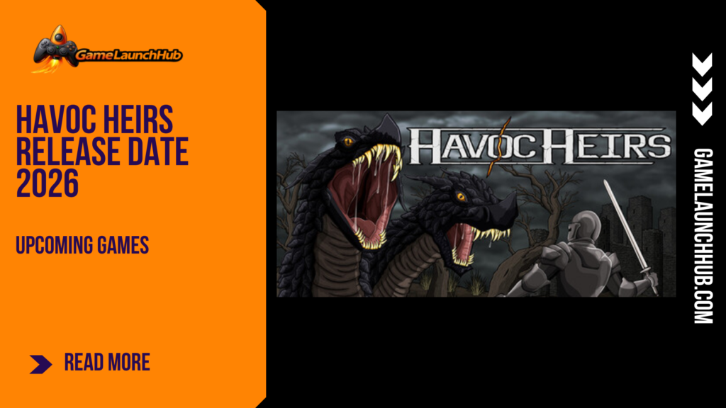 Promotional banner for the article "Havoc Heirs Release Date 2026: A Turn-Based RPG With 200 Monsters and Deep Customization" by GameLaunchHub, featuring the game's official logo, a knight facing a multi-headed dark monster, and a solid orange sidebar on the left.
