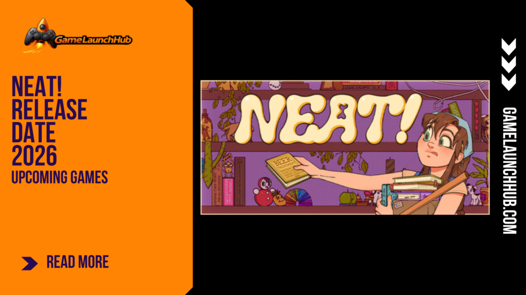 Promotional banner for the article "Neat! Release Date 2026: A Cozy Organizing Game With Heart" by GameLaunchHub, featuring the game's title logo and protagonist Molly organizing a cluttered bookshelf against a solid orange sidebar on the left.