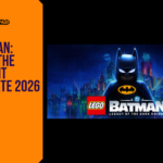 Promotional banner for the article "LEGO Batman: Legacy of the Dark Knight Release Date 2026: The Dark Knight Returns to LEGO" by GameLaunchHub, featuring the game's logo and a LEGO Batman minifigure against a glowing Gotham City skyline next to a solid orange sidebar on the left.