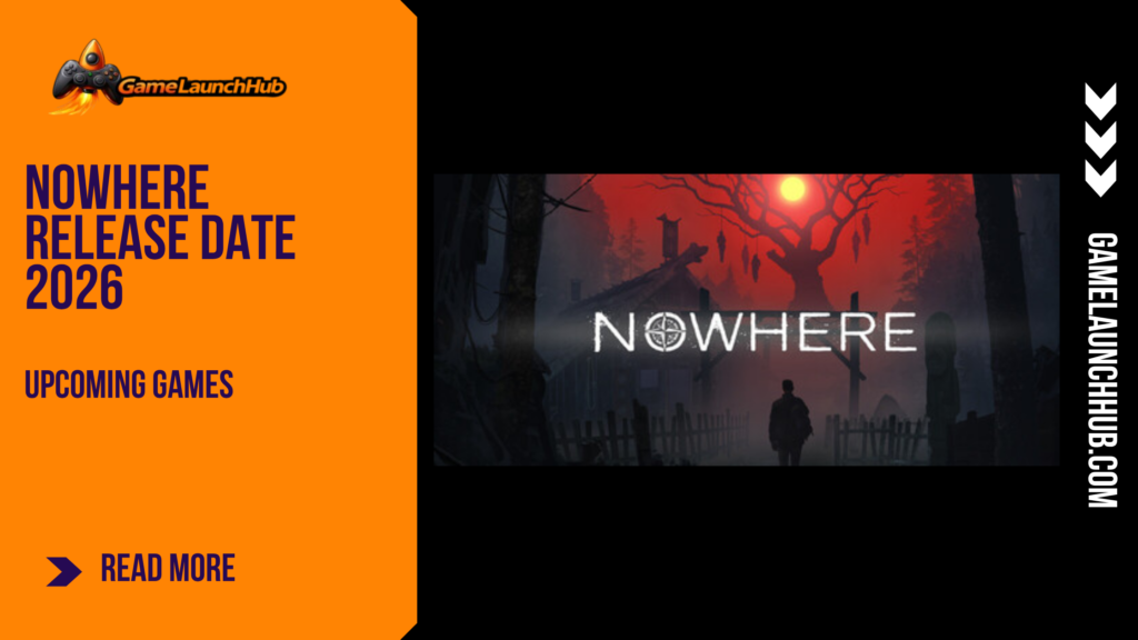 Promotional banner for the article "Nowhere Release Date 2026: A Nordic Horror Mystery You Need to Watch" by GameLaunchHub, featuring the game's title logo over an eerie, blood-red sky, a dark silhouette of a detective, and a solid orange sidebar on the left.