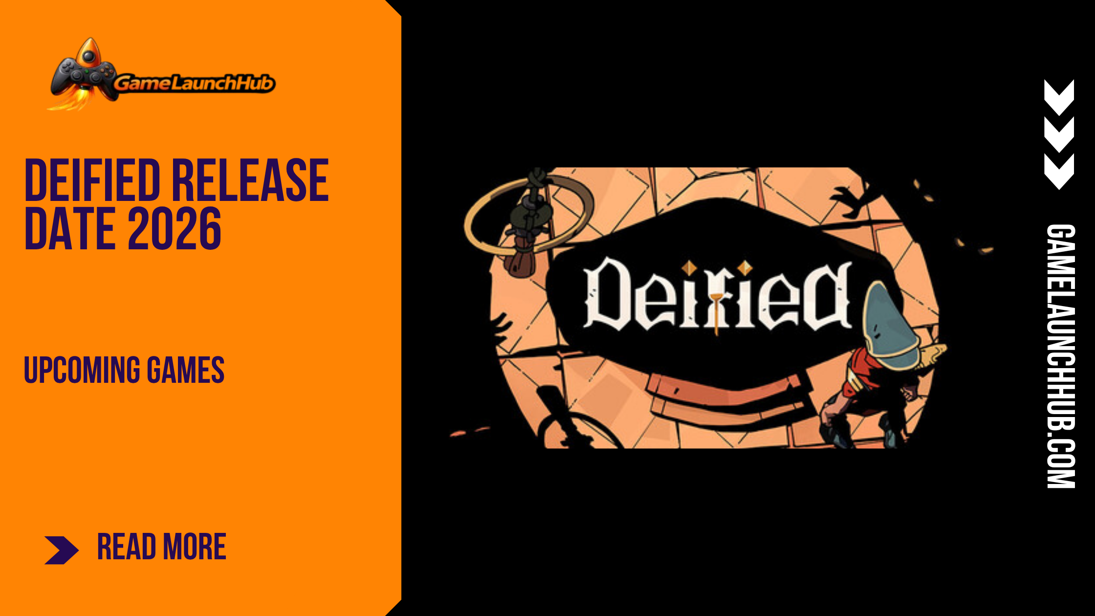 Promotional banner for the article "Deified Release Date 2026: 1.0 Launch, Relic Combat, and What to Expect" by GameLaunchHub, featuring the game's logo and dark fantasy artwork next to a solid orange sidebar on the left.