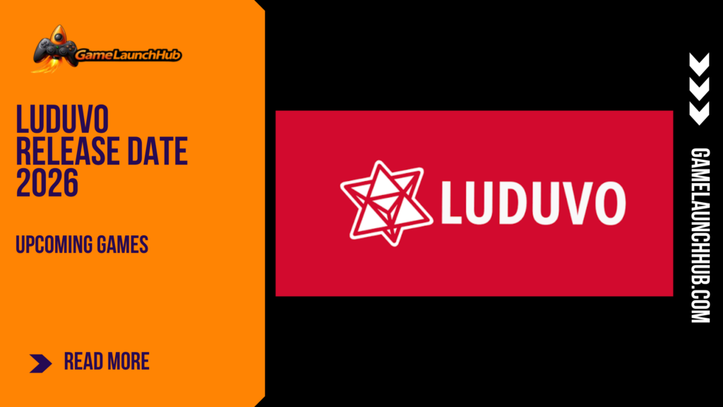Promotional banner for the article "Luduvo Release Date 2026: A New Platform for Game Creators" by GameLaunchHub, featuring the Luduvo star emblem and logo inside a red rectangle against a solid orange sidebar on the left.