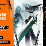 Game Launch Hub review card template showing an 8.5 out of 10 "Great" rating for Final Fantasy VII Remake Intergrade, featuring iconic key art of Cloud Strife carrying his Buster Sword while looking up at a towering Shinra reactor, accompanied by platform availability icons for Steam, PC, and consoles.