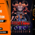 Game Launch Hub review card template showing a 5.8 out of 10 "Mixed" rating for Fighting Force Collection, featuring character key art of Hawk Manson, Mace Daniels, Alana McKendricks, and Ben "Smasher" Johnson above the game title, accompanied by platform availability icons for Steam, PC, and consoles.