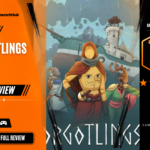 Game Launch Hub review card template showing a 7.5 out of 10 "Good" rating for Forgotlings, featuring hand-drawn key art of the protagonist Fig holding a rapier alongside his crew in front of the sentient lightship Volare, accompanied by platform availability icons for Steam, PC, and consoles.