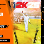 Game Launch Hub review card template showing a 7.5 out of 10 "Good" rating for PGA Tour 2K25, featuring cover artwork of a golfer celebrating on the fairway with a golf club in hand, accompanied by platform availability icons for Steam, PC, and consoles.