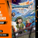 Game Launch Hub review card template showing a 7.8 out of 10 "Good" rating for Dragon Quest VII Reimagined, featuring key art of Auster, Maribel, and Kiefer overlooking a scenic landscape, accompanied by platform availability icons for Steam, PC, and consoles.