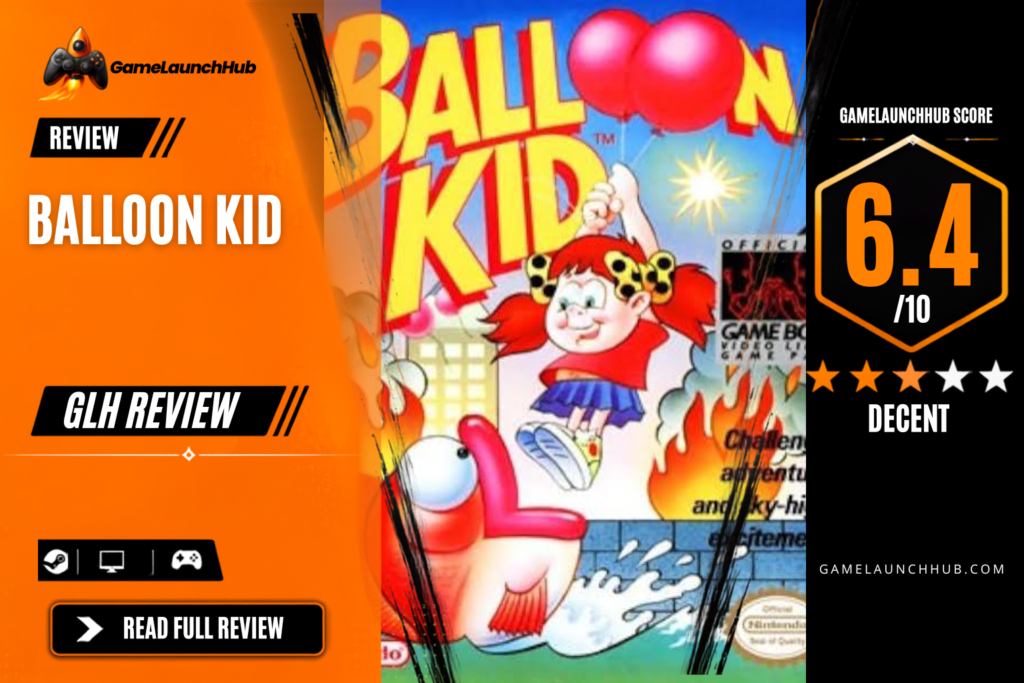 Game Launch Hub review card template showing a 6.4 out of 10 "Decent" rating for Balloon Kid, featuring classic Game Boy box art of Alice floating with two red balloons above a giant fish emerging from water, accompanied by platform availability icons for Steam, PC, and consoles.