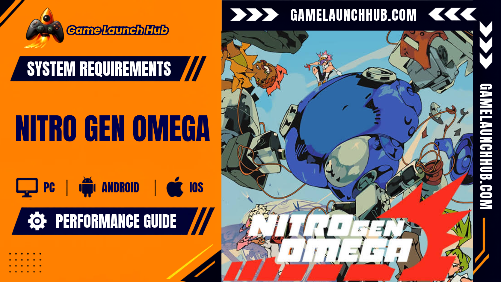 Promotional header banner for the Nitro Gen Omega system requirements and performance guide by Game Launch Hub, displaying platform icons for PC, Android, and iOS alongside 1990s anime-style artwork featuring a large blue spherical mech surrounded by pilots and mech parts above a stylized "NITRO GEN OMEGA" logo.