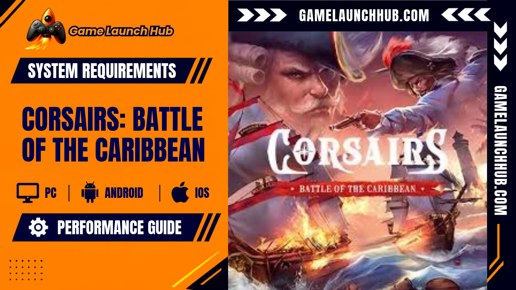 Promotional header banner for the Corsairs: Battle of the Caribbean system requirements and performance guide by Game Launch Hub, featuring platform availability icons for PC, Android, and iOS alongside key promotional artwork showing a battle-scarred pirate captain wearing an eyepatch and powdered wig beside a swashbuckler swinging from rigging amidst burning naval ships, with stylized text reading "CORSAIRS BATTLE OF THE CARIBBEAN".