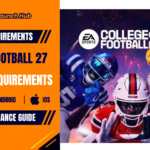Promotional header banner for EA Sports College Football 27 system requirements by Game Launch Hub, displaying key artwork of college football players in action alongside PC, Android, and iOS platform compatibility icons.