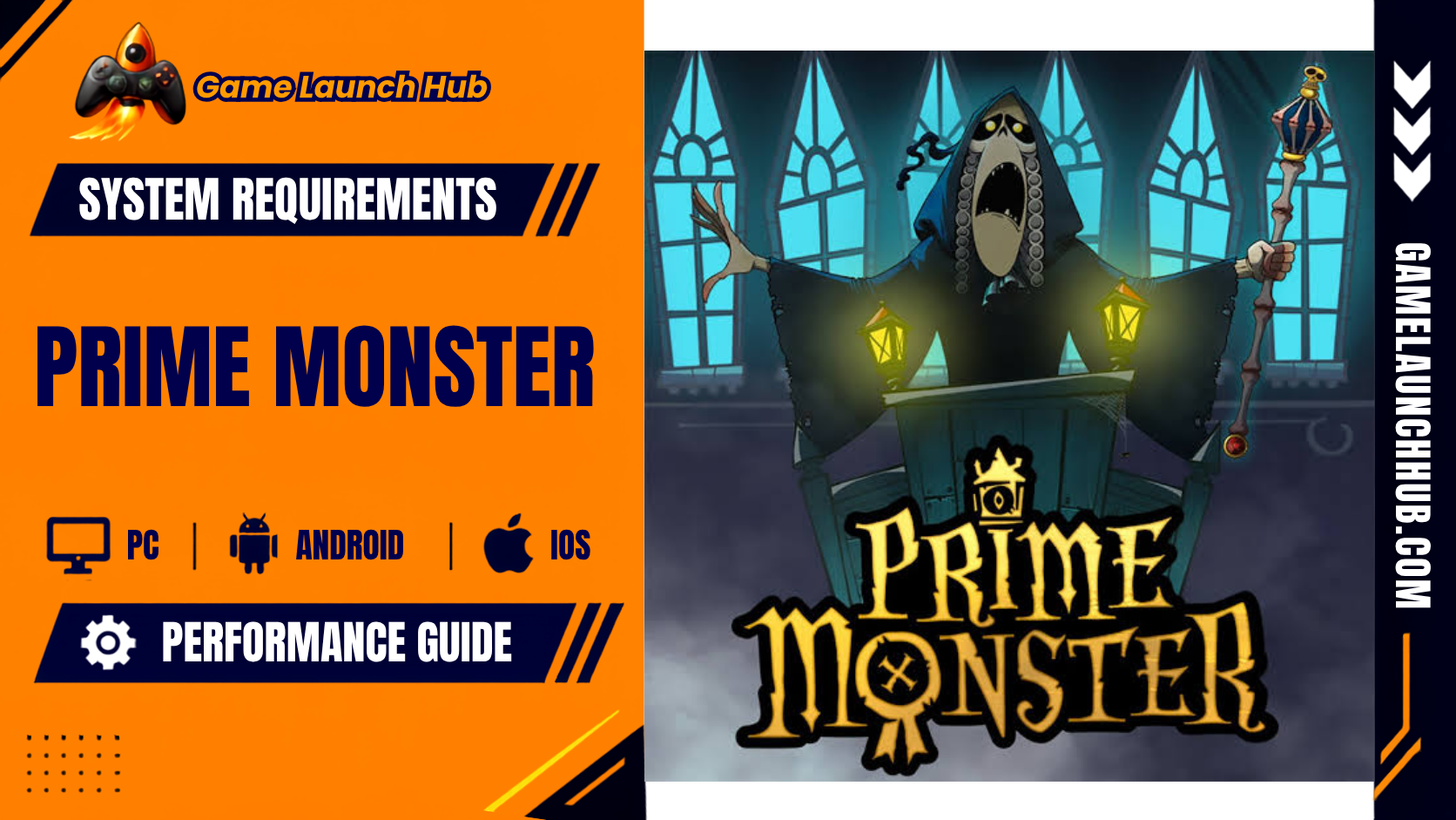 Promotional header banner for Prime Monster system requirements by Game Launch Hub, displaying key artwork of a dark, hooded monster character speaking at a podium alongside PC, Android, and iOS platform compatibility icons.